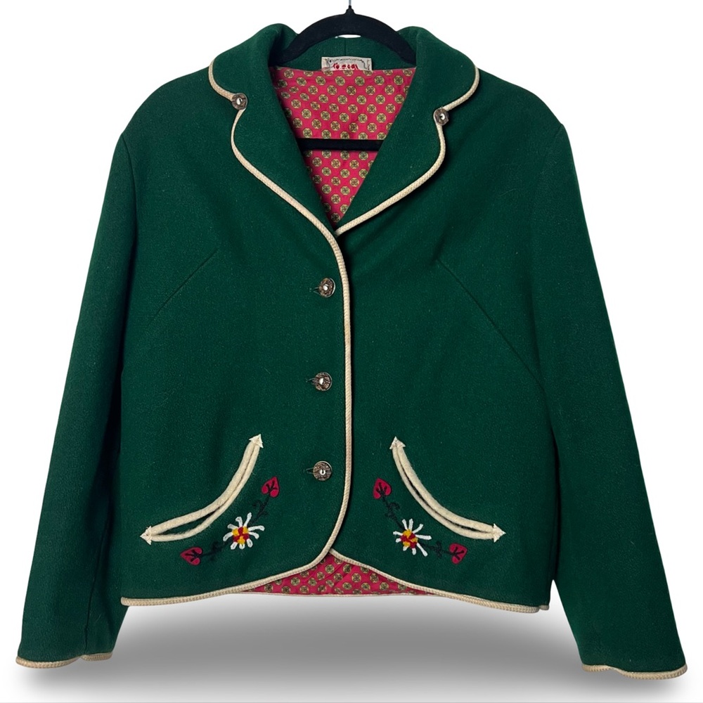 Petti Glen Junior Apparel Vintage Green Wool Jacket Embroidered Cottagecore Sz M